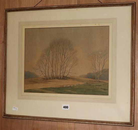 Martin Hardie, watercolour, On the North Downs, signed with Fine Art Society label verso 28 x 38cm